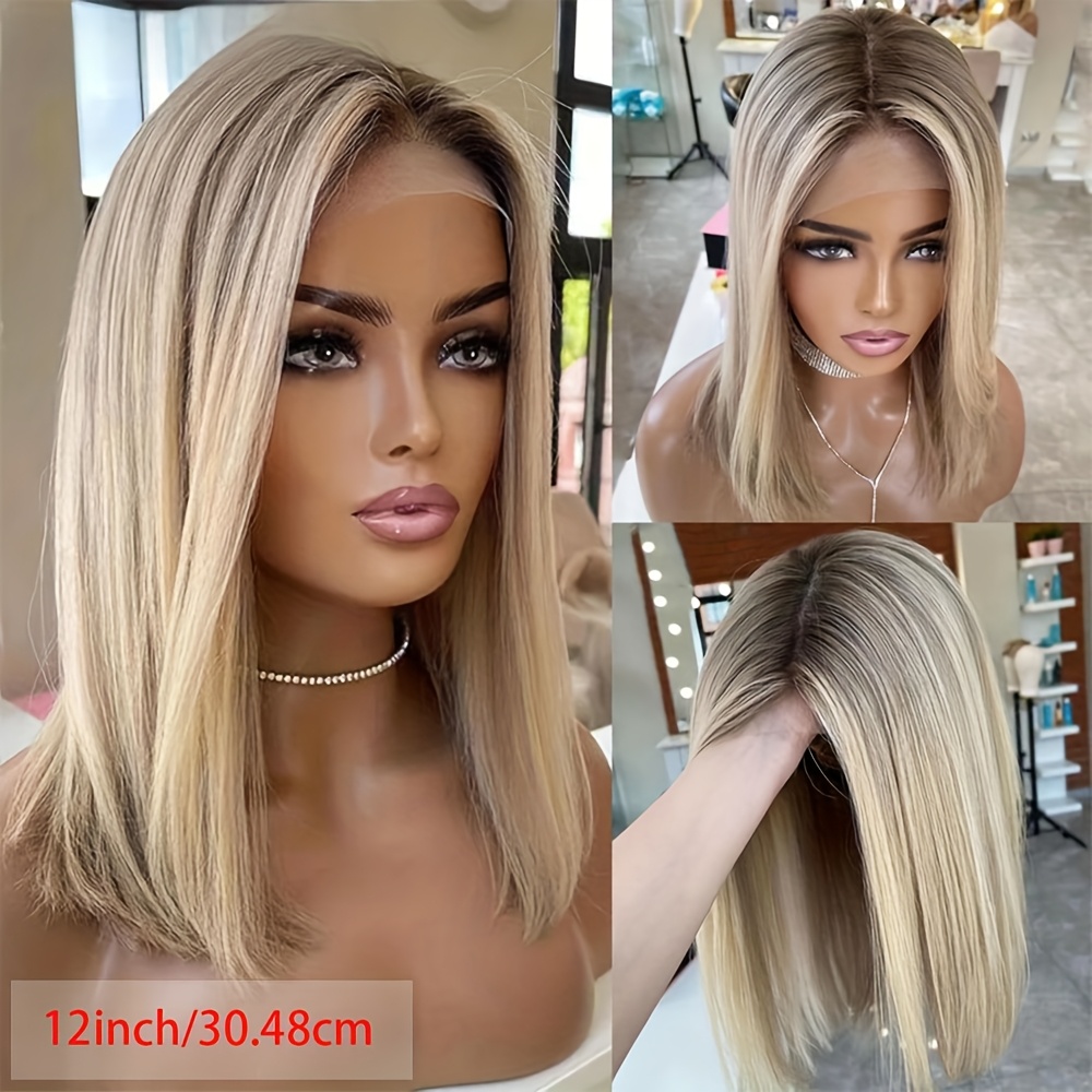 Image of Brazilian Human Hair Wig Suitable For Women - Ombre Ash Blonde Short Bob With 13x4 Transparent Hd Lace Front, High Density 180% Hair Wig For Look, Daily Wear, Cosplay & Party ()