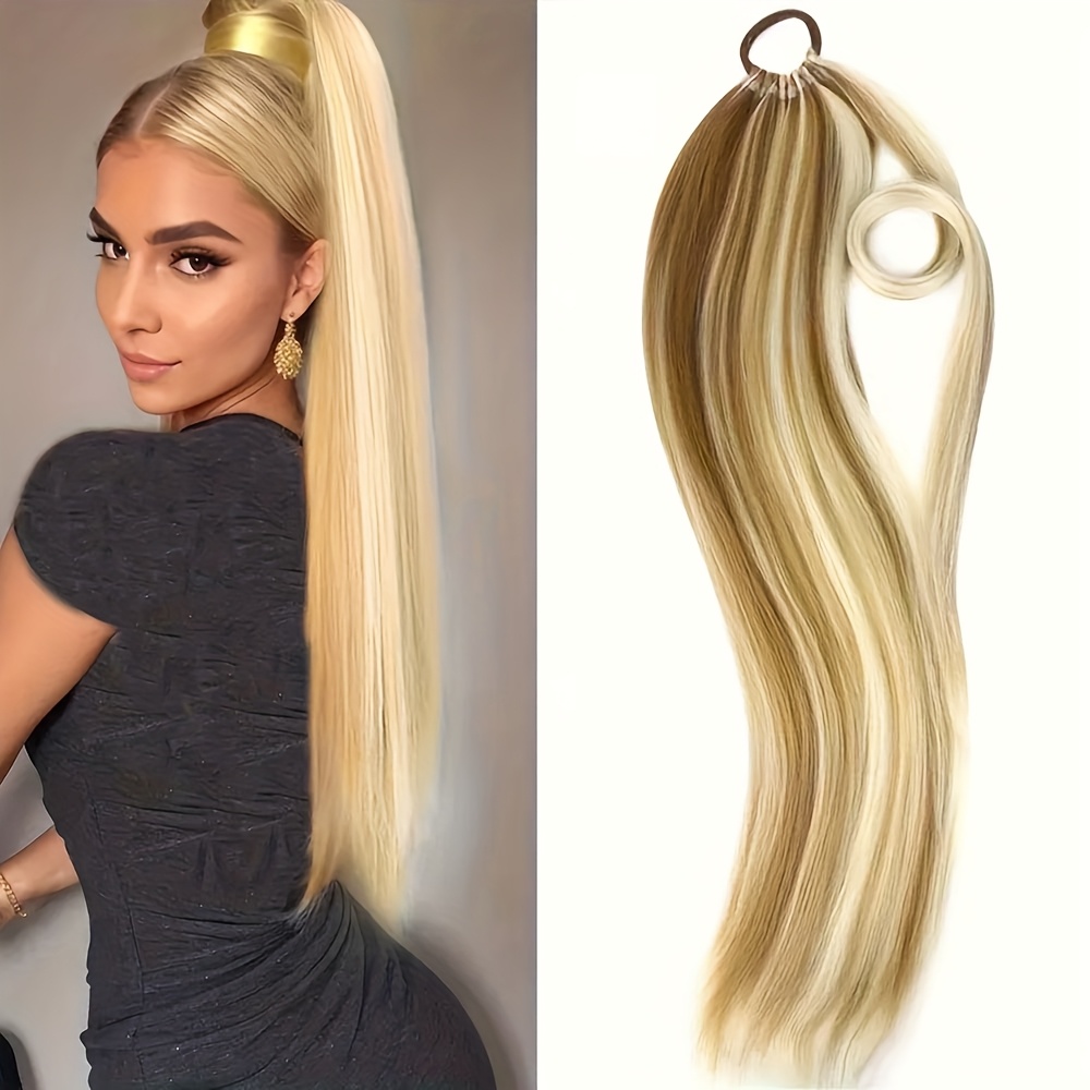 24 inch   straight braiding hair ponytail extension wrap around long straight ponytail with versatile elastic bands for women high temperature fiber   hair extension for women details 0