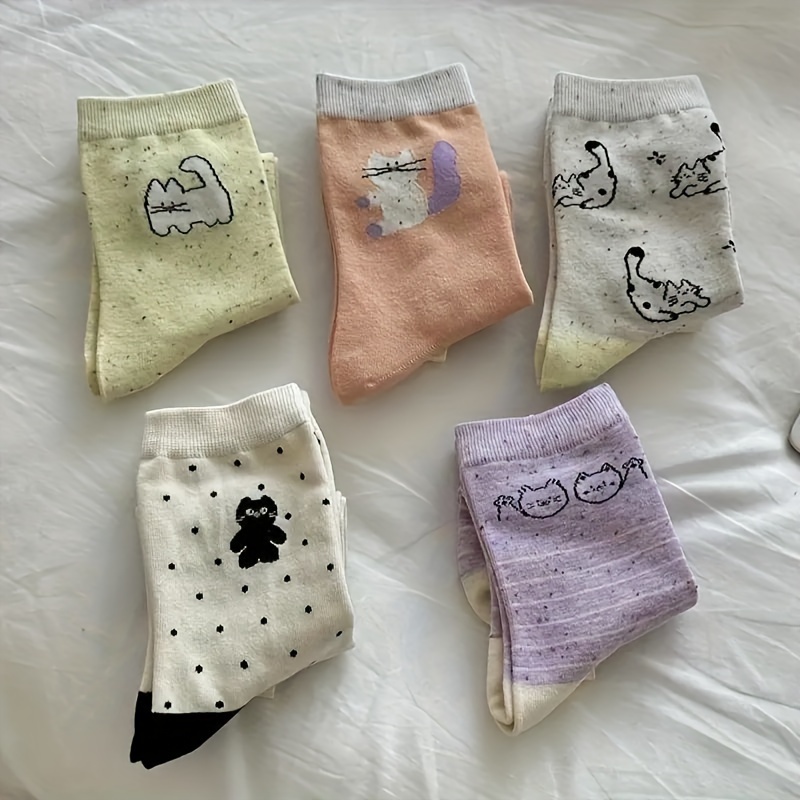 

5pcs Cute Mid-calf Socks For Women - Soft Polyester, Casual Wear & Gifts