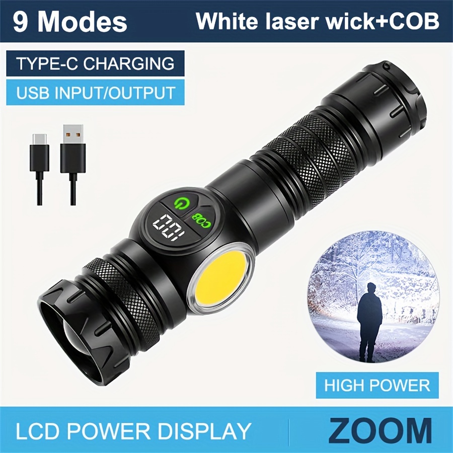 

1pc Led Multifunctional Rechargeable Flashlight, Retractable , Dual Switch 9 Mode Cob With Red Light, Suitable For Outdoor Camping, Camping Equipment, Hunting Equipment, Fishing, Hiking,