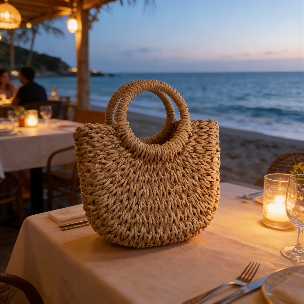 E-shop 1 Stück Halbmond- und Rund-Doubao-Design - Retro handgewebte Tasche/ Beige und braune gewebte Strandtasche/ Reise- und Urlaubs-Tasche/ Geeignet
