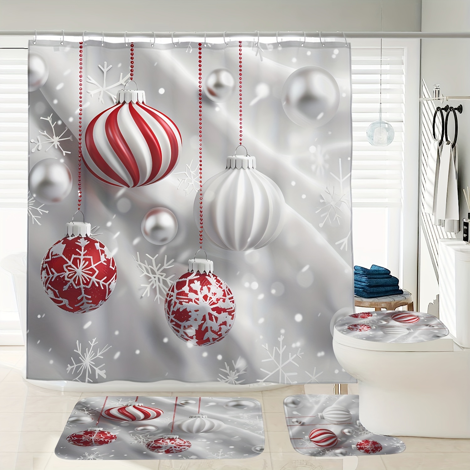 

1/4pcs Christmas Decoration , Pattern Printed Shower Curtain Bath Mat Set, Decoration Shower Curtain Carpet And Lid Polyester Cloth Shower Curtain 12 Plastic 180*180cm