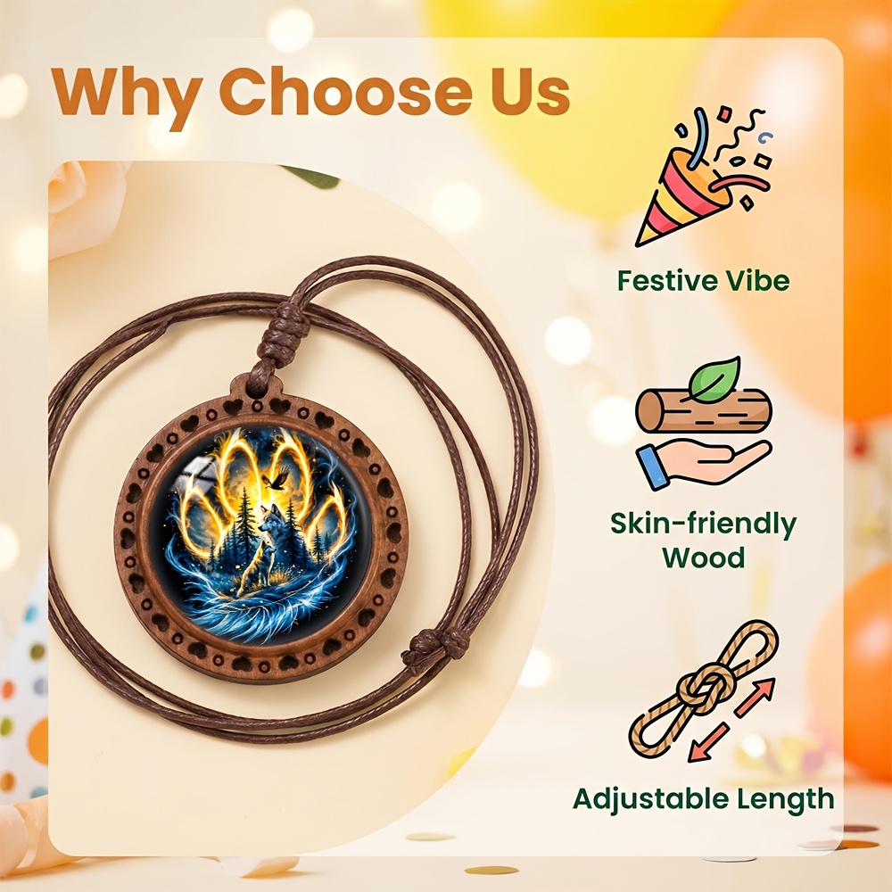 Blazing Wolf Eagle Forest Heart Wooden Necklace