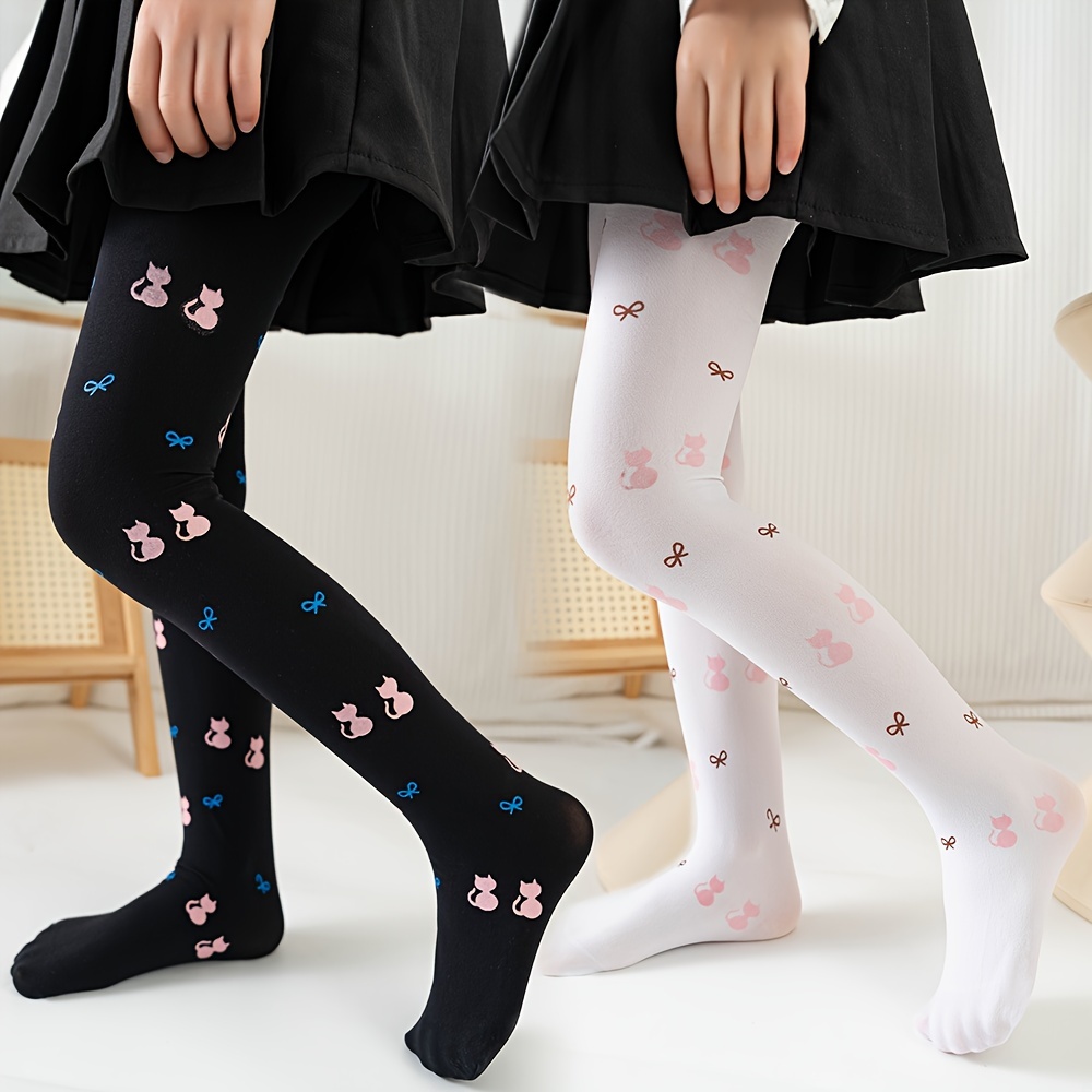 

2 Paires de collants pour filles avec motif de chat cartoon, fleurs, couleur unie, confortables, respirants, en maille, pour le printemps et l'été