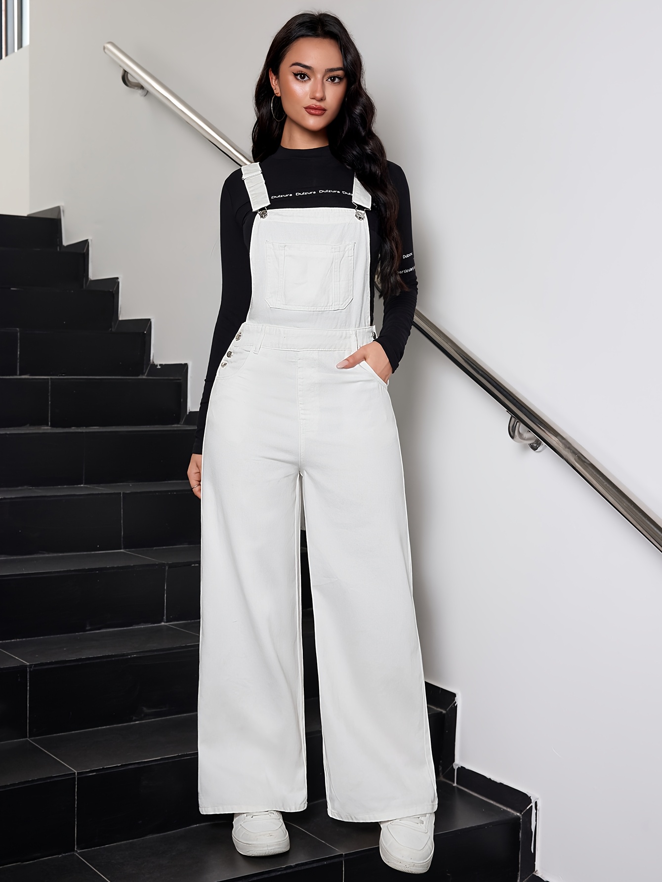 womens white fashionable elegant denim overalls details 4