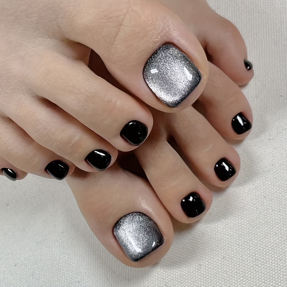 TEMU Dark 24pcs Black Crystal Toe Nail Black Temperament Dynamic Fashion Trend Casual White Versatile Toe False Nails Spring And Summer Must-have