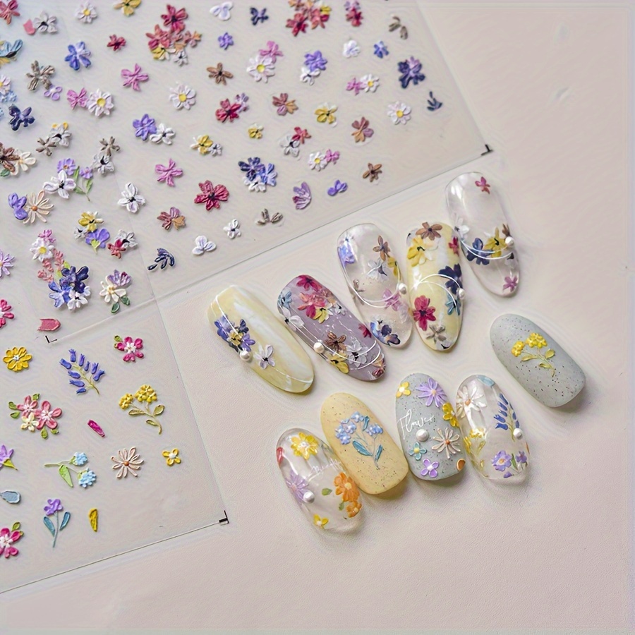 

Chic Spring Floral Nail Art Stickers - 5d Embossed Wildflower & Shell Design, Matte , Self-adhesive Decals For Easy Diy