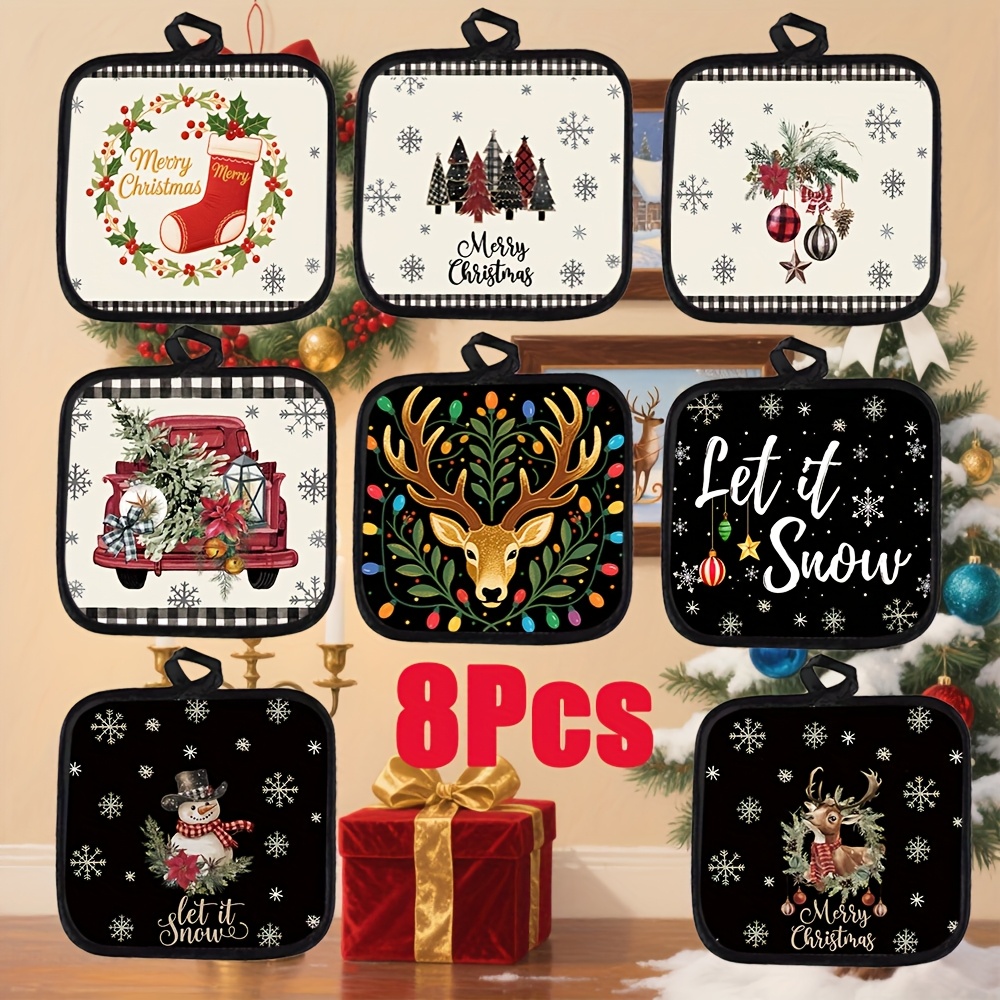 8pcs Pot Mat Set, Christmas Theme - Snowman/santa Claus, Square Design, With Hanging Rings, Suitable For Christmas Gifts