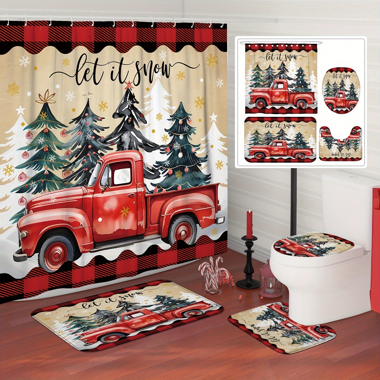 

[] 1/4pcs Christmas Curtain Set Red Curtain Polyester For Bathroom Ornaments 12 Bath Mat Lid Mat