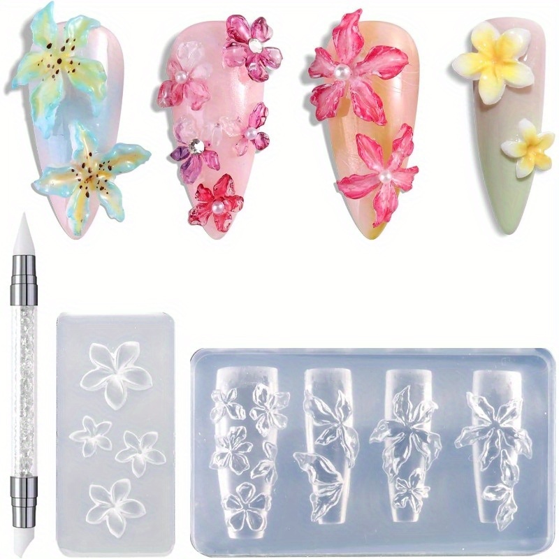 TEMU Set Of 2 Nail Molds For 3d Floral Designs, Featuring A Carving Pen For Cherry , Plumeria, And Hibiscus Patterns, Perfect For Nail Art And Resin