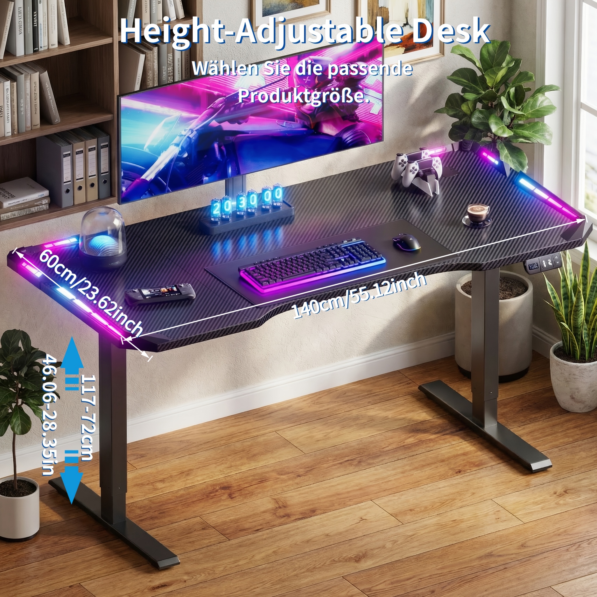 TEMU Bureau de gaming réglable en hauteur avec LED, bureau électrique assis- 47/55/63 pouces, surface en fibre de , fonction