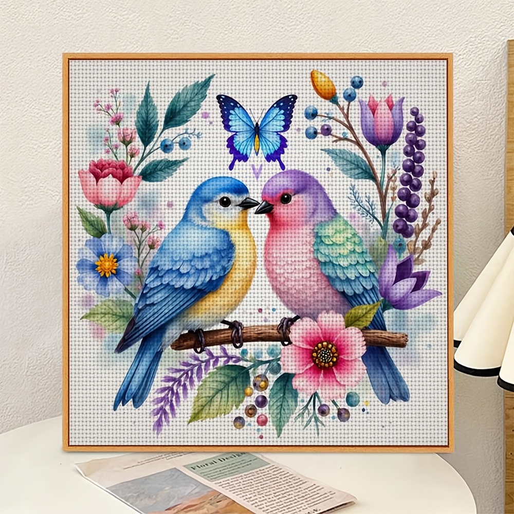 11CT Frameless DIY Cross Stitch Kit, Two Birds, Flowers, Butterfly