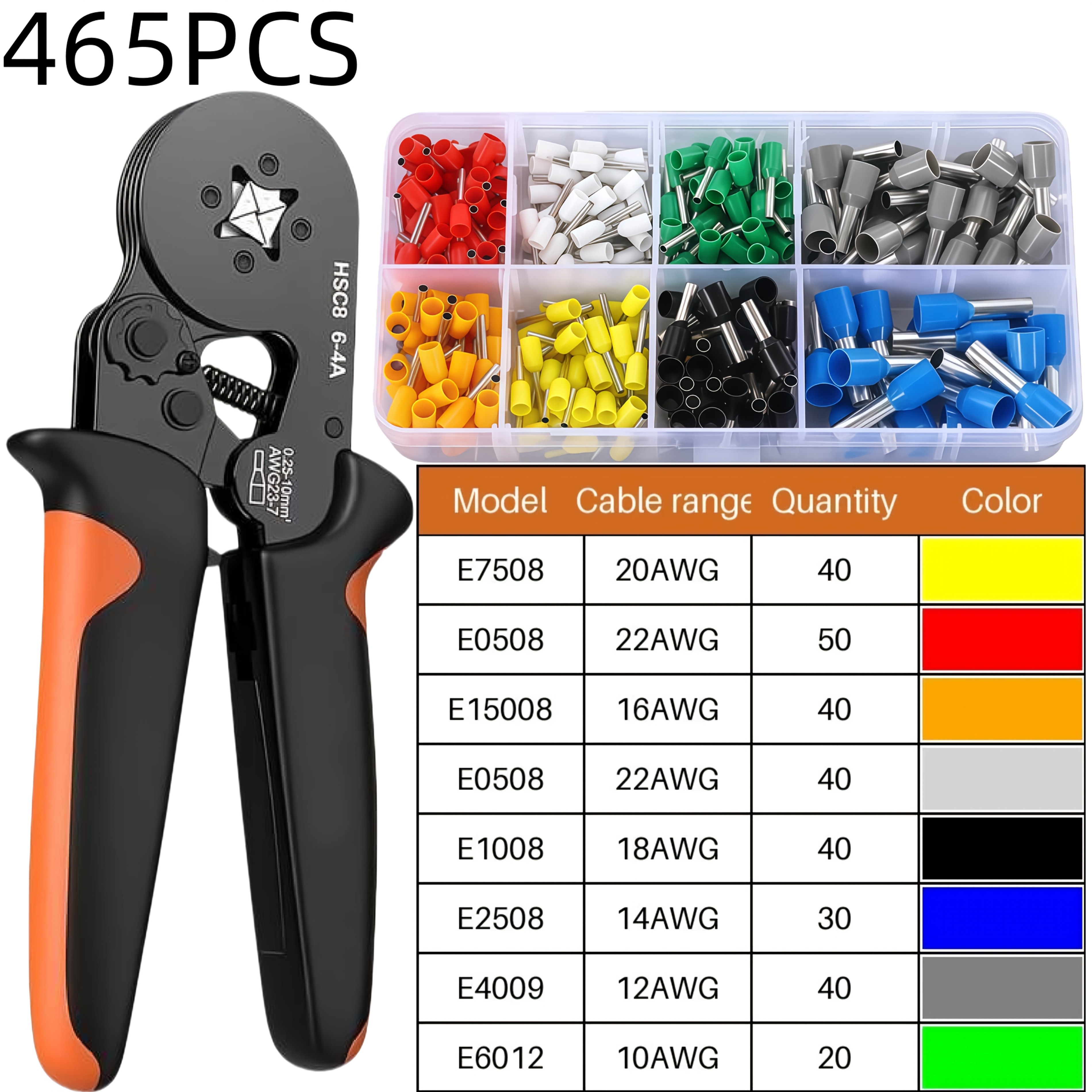E-shop 465-teiliges Elektriker-Crimpzangen-Set, geeignet für HSC8 6-4A Crimpzangen (0,25 mm² / AWG23-6), inklusive VE-Rohrverbinder + 164