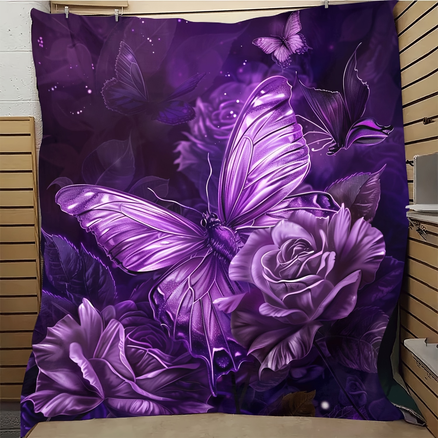 

1pc Flannel Purple Floral Butterfly Printed Blanket Shawl Blanket Soft Skin-friendly Casual Sofa Blanket, Throw Blanket, Nap Blanket, Multi-purpose Gift Blanket For Son