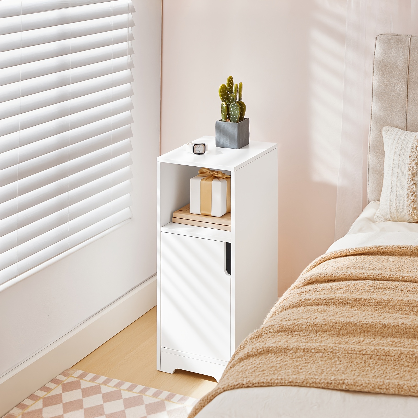 Image of Modern Bedside Table With An Open Tray On The Bed, Narrow Counter, Small Sofa Table, Coffee Table, Suitable For Space In Small Rooms, Bedrooms, Living Rooms, Etc
