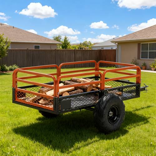 item picture 1500lbs capacity heavy duty dump cart trailer compatible for utv lawn mower 15 cu ft hauling wagon with removable panels single tires terrain dumping cart for landscaping