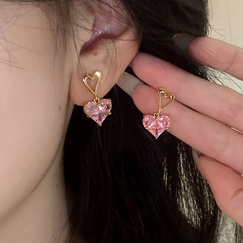 3pcs Shimmering Pink Heart Pendant Earrings And Necklace Set, Trendy Y2K Style, Casual All-Match Jewelry Suitable for Valentine'S Day Women'S Gift