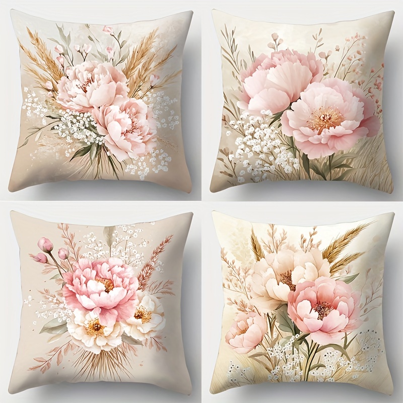 

Couvre-lits en tissu polyester , style contemporain, rose et crème avec épis de blé, housse de coussin à fermeture éclair pour décoration de salon, lavable à , design imprimé (4 pièces)