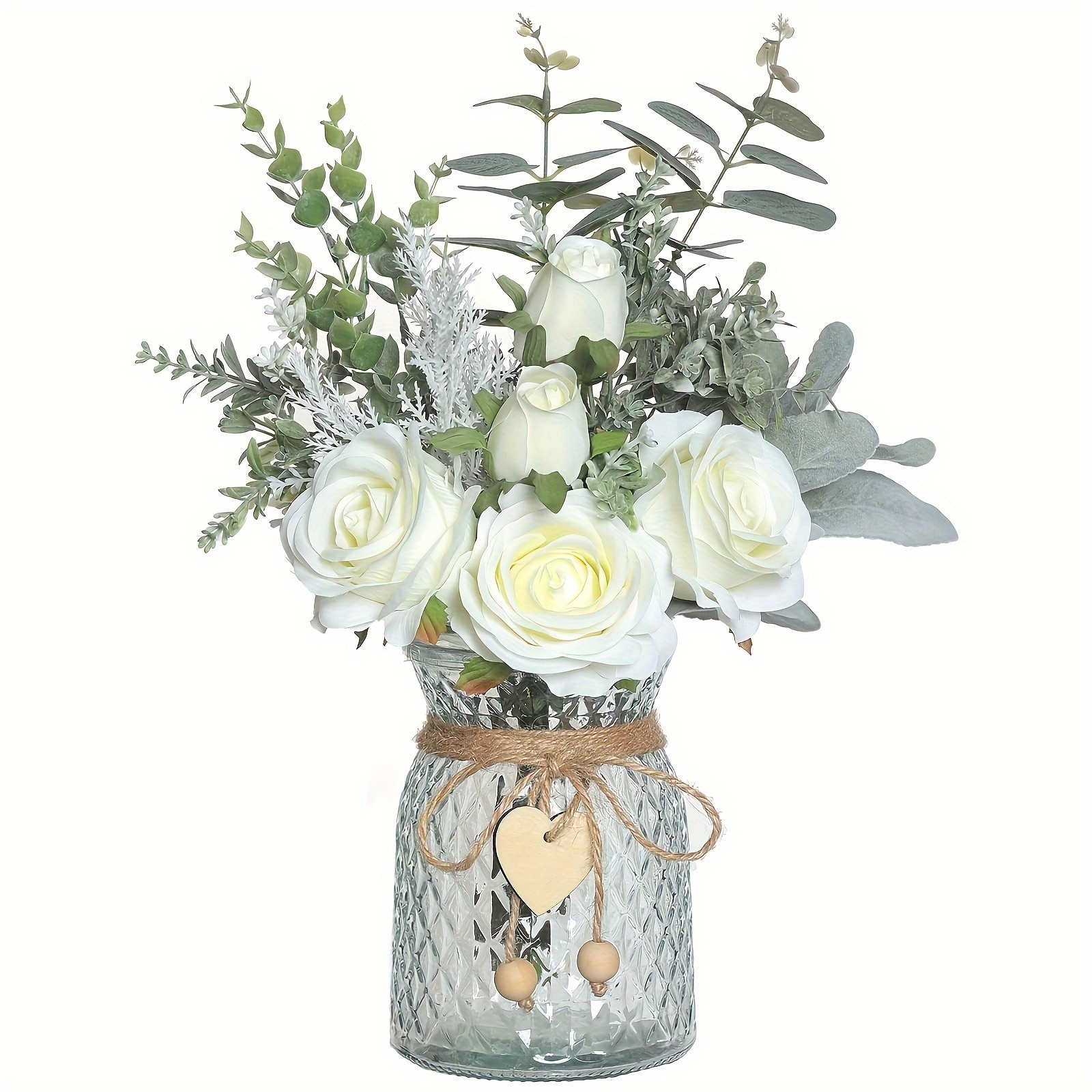 

Elegant White Artificial Roses & Eucalyptus Flower Arrangement - Home, Office, Farmhouse Decor | Ideal For Dining Table Centerpiece, Coffee Table, Bathroom | No Vase Included, Christmas Decor