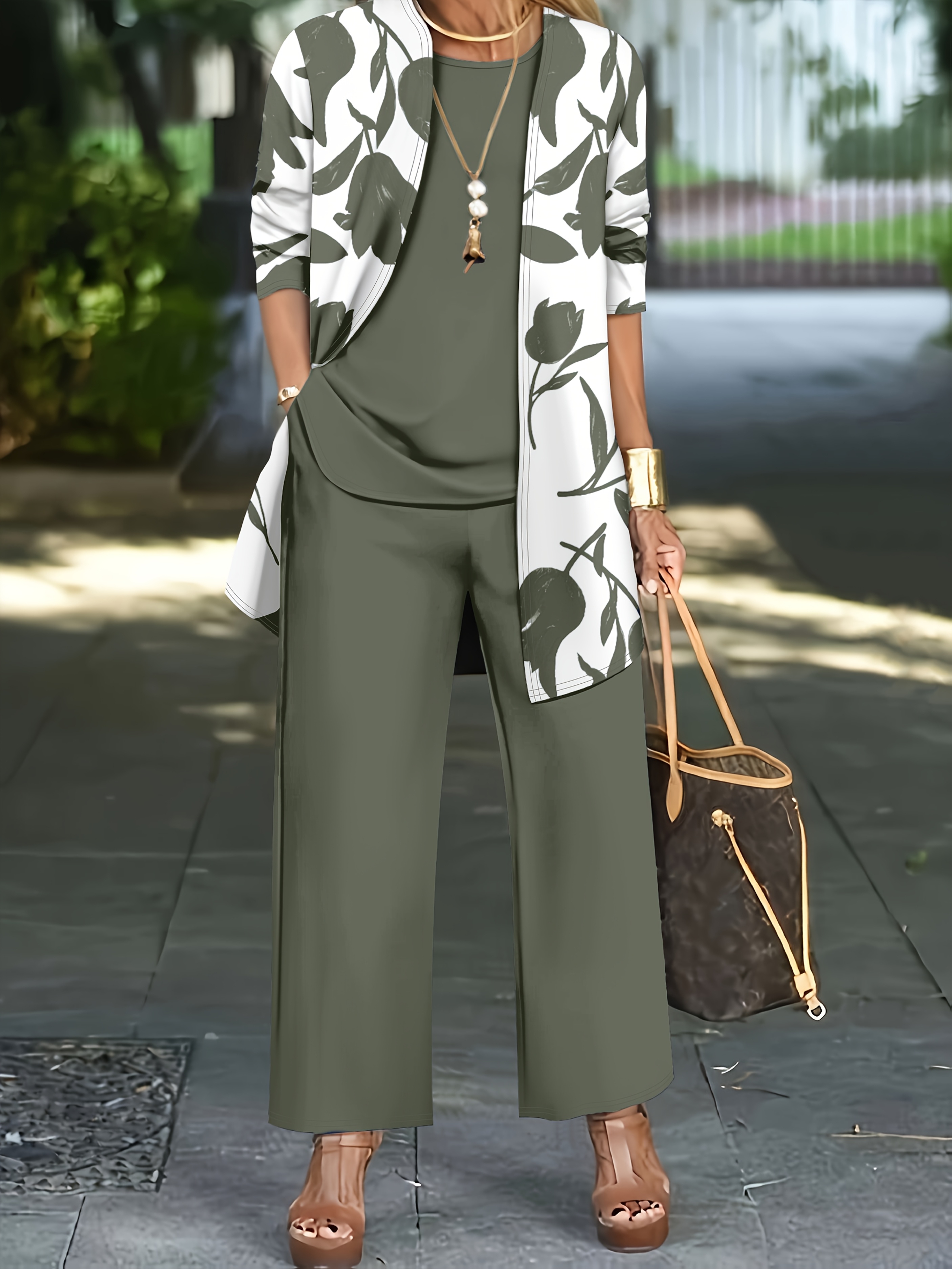 womens 3pcs set floral print cardigan with solid color cami and wide leg pants casual outfit