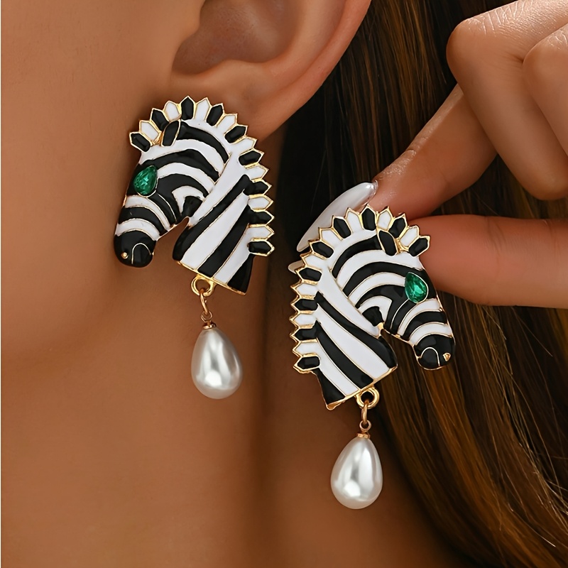2pcs Set Of Enamel Drip Rhinestone Zebra Pendant Women's Stud Earrings