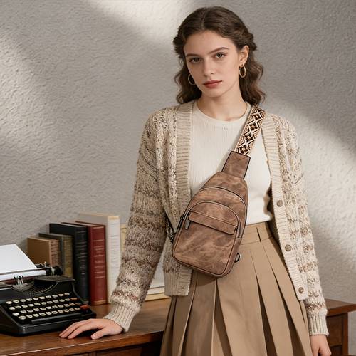 womens vintage casual color block chest bag with adjustable shoulder strap retro ethnic pattern multi pocket compartments lightweight portable perfect gift for family