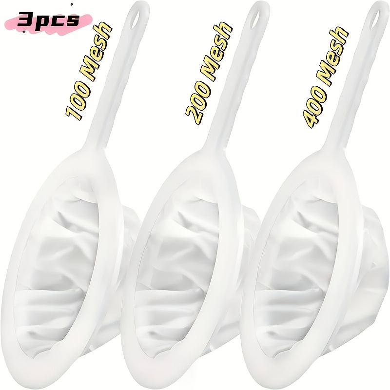 3pcs Nylon Mesh Strainers With Plastic Handles - 100, 200, 400 Mesh Sizes For Soy Milk, Coffee, Yogurt, Juice, And - Durable Kitchen Sieve Filters