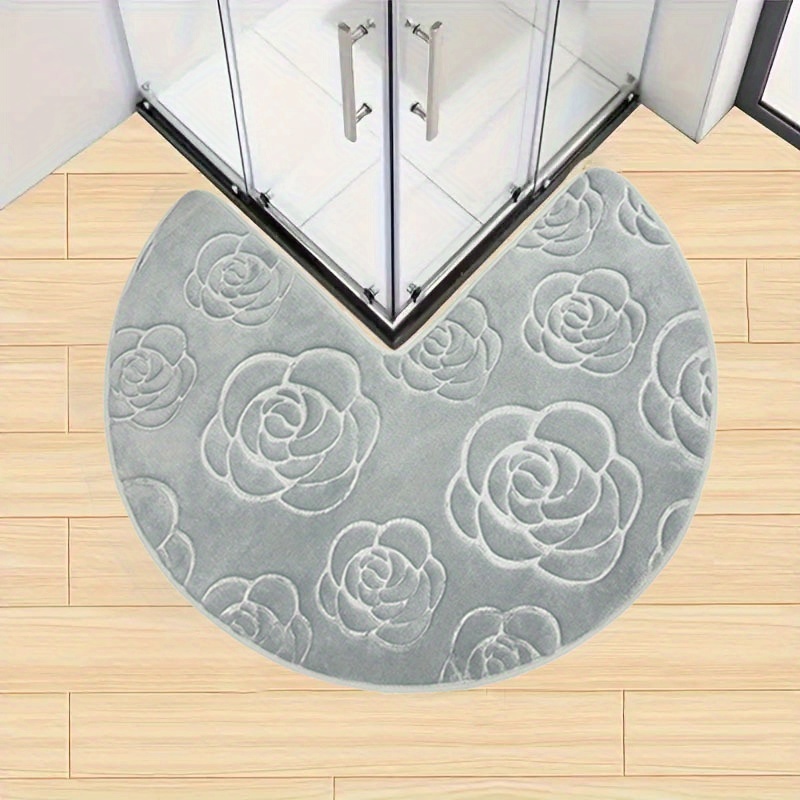 Image of 1pc Elegant Rose Floral Bath Mat - Soft, Absorbent, Quick-dry, Non-slip Round Mat For Bathroom Decor, Light Gray With White Roses, Perfect For Modern Spaces, Bathroom Mat