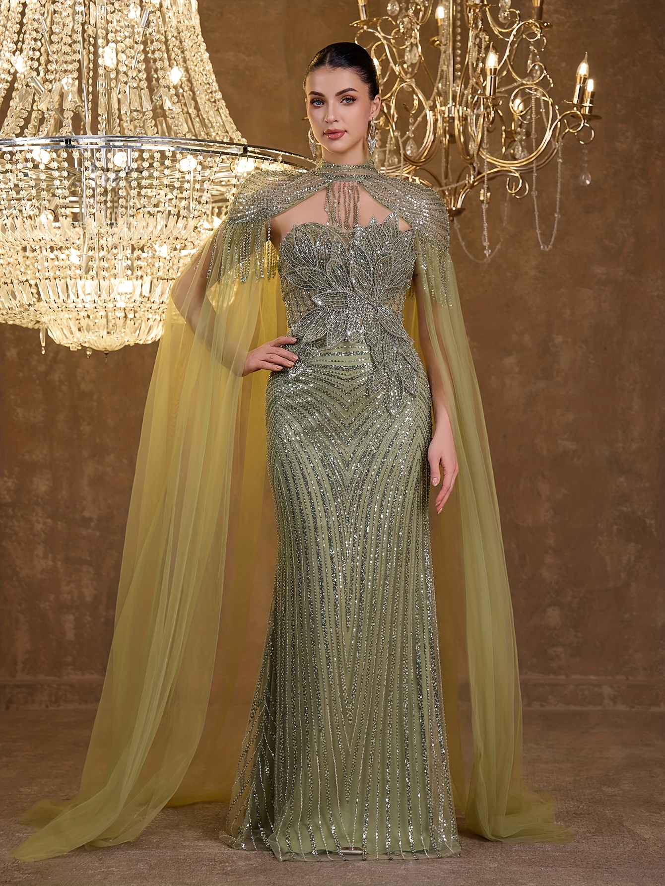 An Elegant And * Evening Gown Featuring a High Neckline, 3D Petal  Appliqus, And Flowing Tassels * with Sequins And Lace on The Bodice