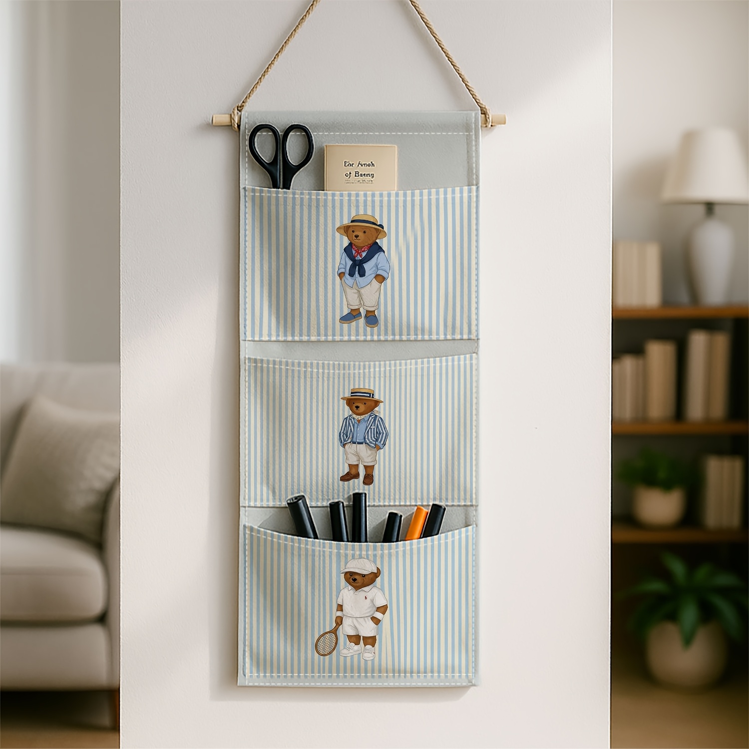 TEMU 1pc Wall Hanging Storage, Cute Vintage Illustration With Teddy Bear Stripe Blue Hanging Bag, Sturdy Shelf Unit Suitable, Kitchen Organization,
