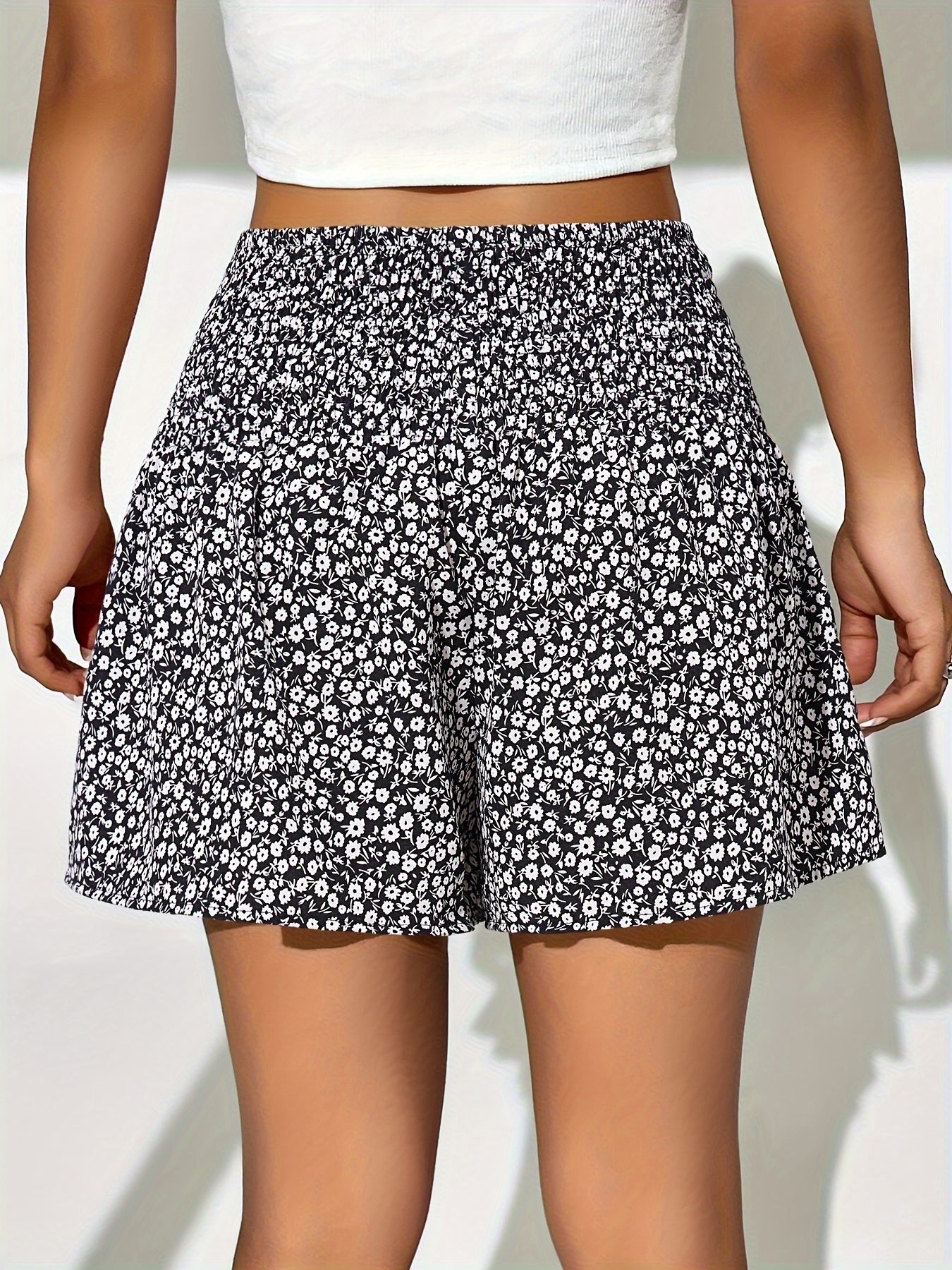 Women's High-Waisted Floral Print Shorts - Black & White Ditsy Pattern, Ruffled Hem, Stretchy & Comfortable Summer Fashion, Hand Wash Only, High Waisted Shorts