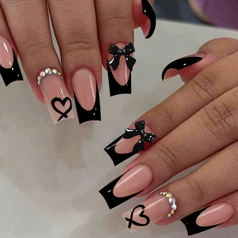 TEMU 24pcs Long Square Press On Nails Black Tip Nails With Golden Rhinestone And Pink Cherry Decor Glossy Full Cover For Women Summer Nails Art Daily
