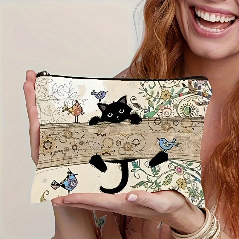 

Vintage Cat Cosmetic Bag For Women - Canvas Makeup Pouch With Zippered Closure, , Fade-resistant, Multi-functional Bag With Positioning Printing Design For Toiletries And Stationery