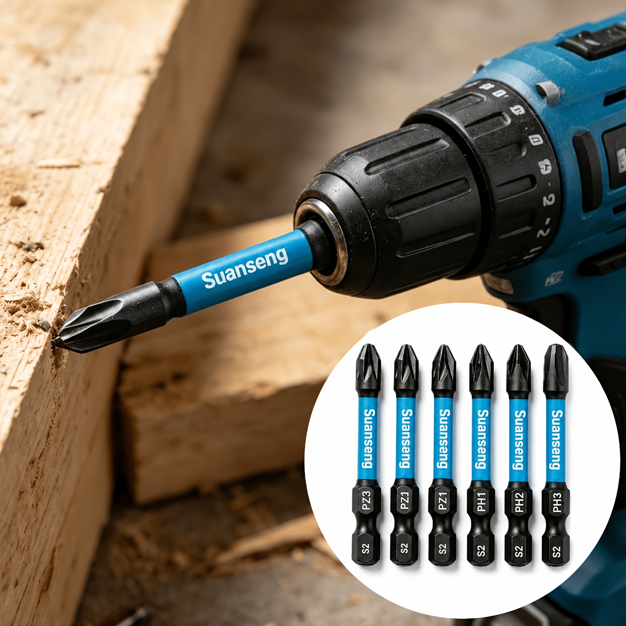 TEMU 6pcs 50mm S2 Steel Screwdriver Bit Set, Magnetic Anti-slip Impact Drill Bits Ph1-ph3 And Pz1-pz3, High Torque Hex Shank Driver Bits For Electric
