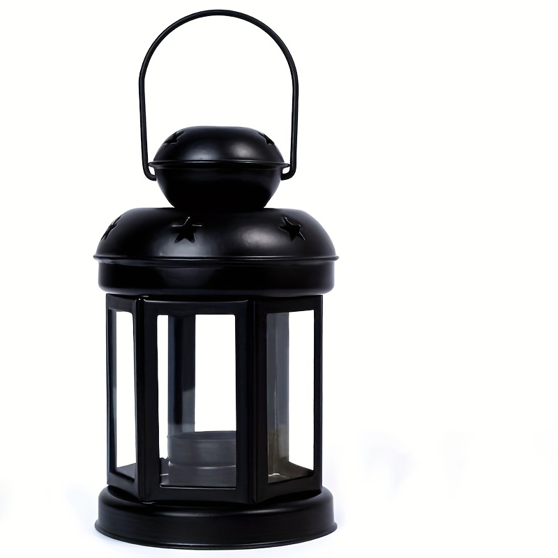 TEMU Vintage Design Metal Candle Holder Lantern, Portable Hanging Iron And Glass Candle Stand, Windproof Candle Holder With Star-shaped Opening At ,
