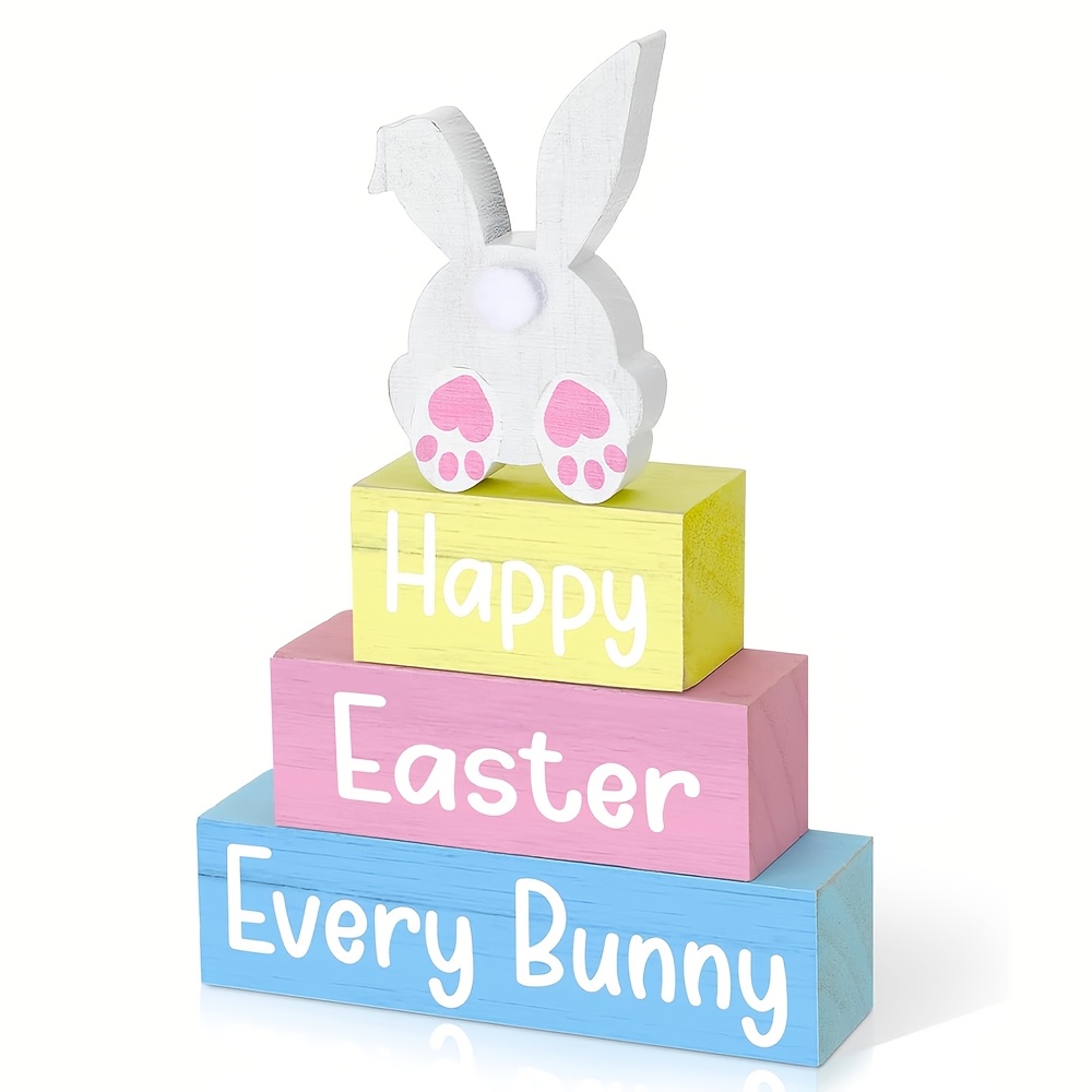 

4pcs Easter Bunny Table Signs Wooden Easter Table Decorations Farmhouse Bunny Holiday Decorations Easter Table Centerpieces Blocks Bunny Tiered Tray Decorations For Home Kitchen