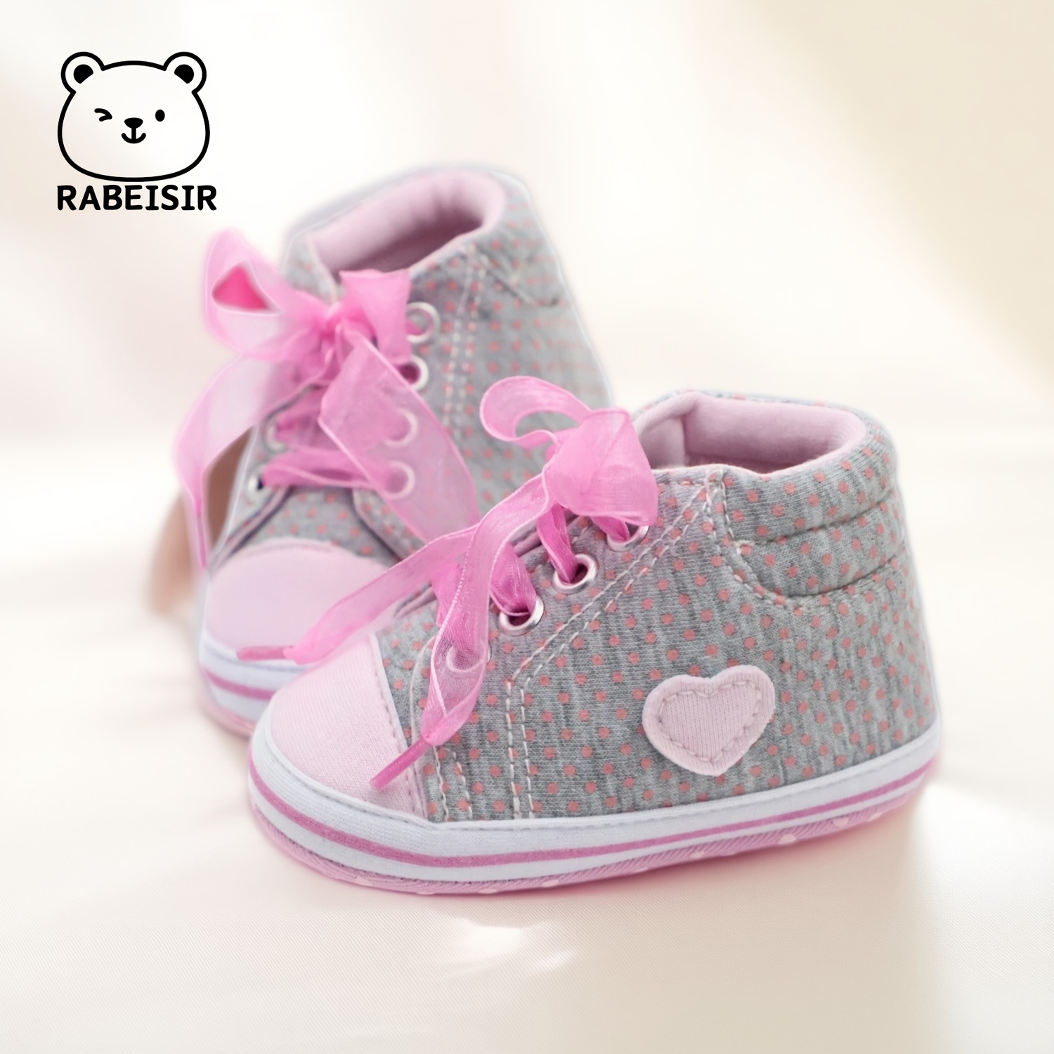 RABEISIR Adorable Heart- Walking Shoes - Soft Fabric Footwear with Pink Ribbon Accents, Lace-Up Closure for Infants & Toddlers - Ideal for Casual Gatherings & Winter, Pink Ribbon Detail, RABEISIR