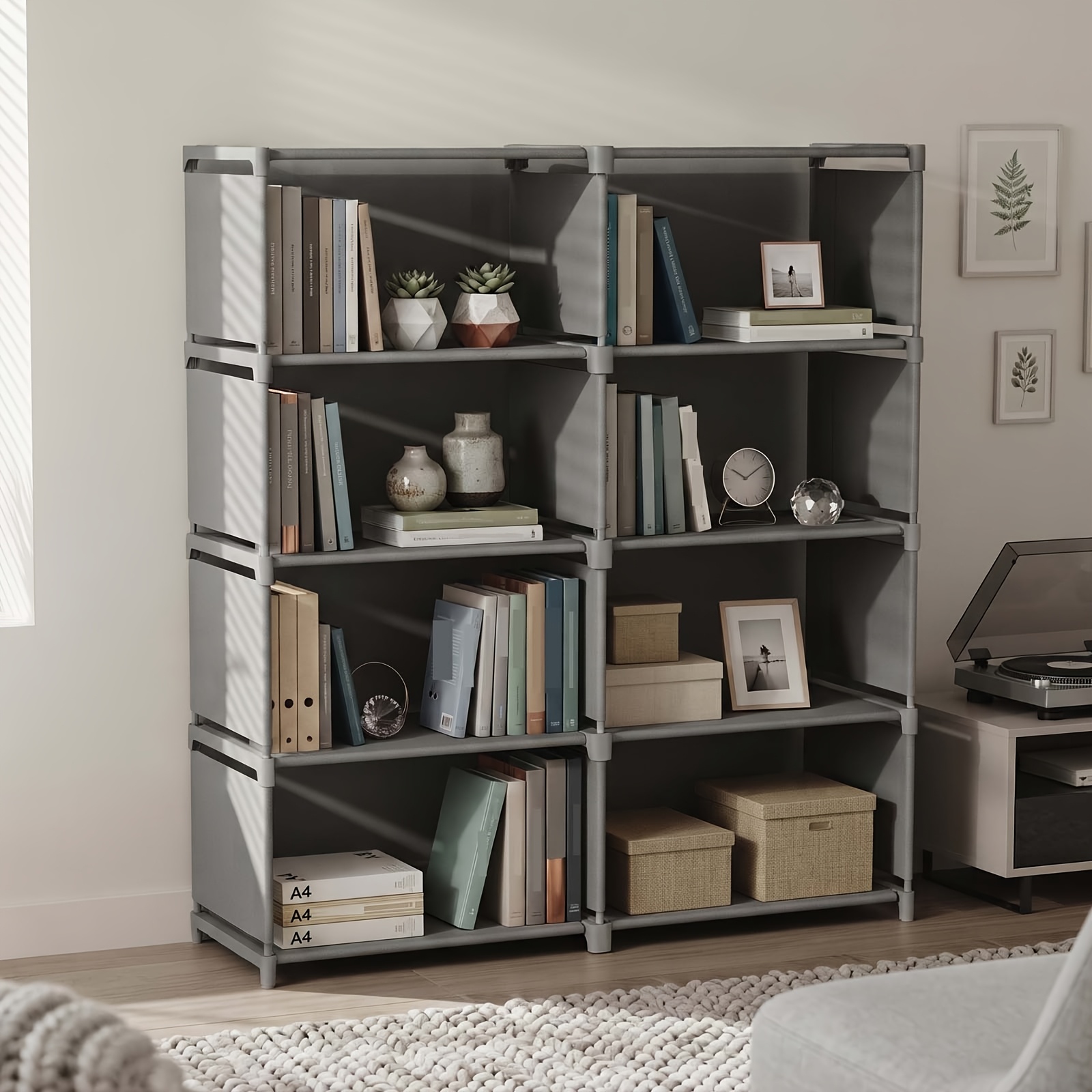 Image of Bookshelf Shelving Unit With 8 Compartments, Open Cube Shelf With Metal Frame, Storage Shelf Stable & Loadable, For Books Decor Plants, Living Room Bedroom Office, 125x80x27cm, Mounted Closet Systems