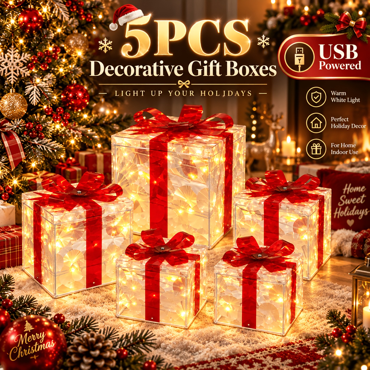 TEMU 5pcs Lighted Gift Box Set, Usb Powered Led Christmas Decorative Boxes, 8 Lighting , Ip44 Water-resistant, Warm White Lights, Glossy Red Bow,