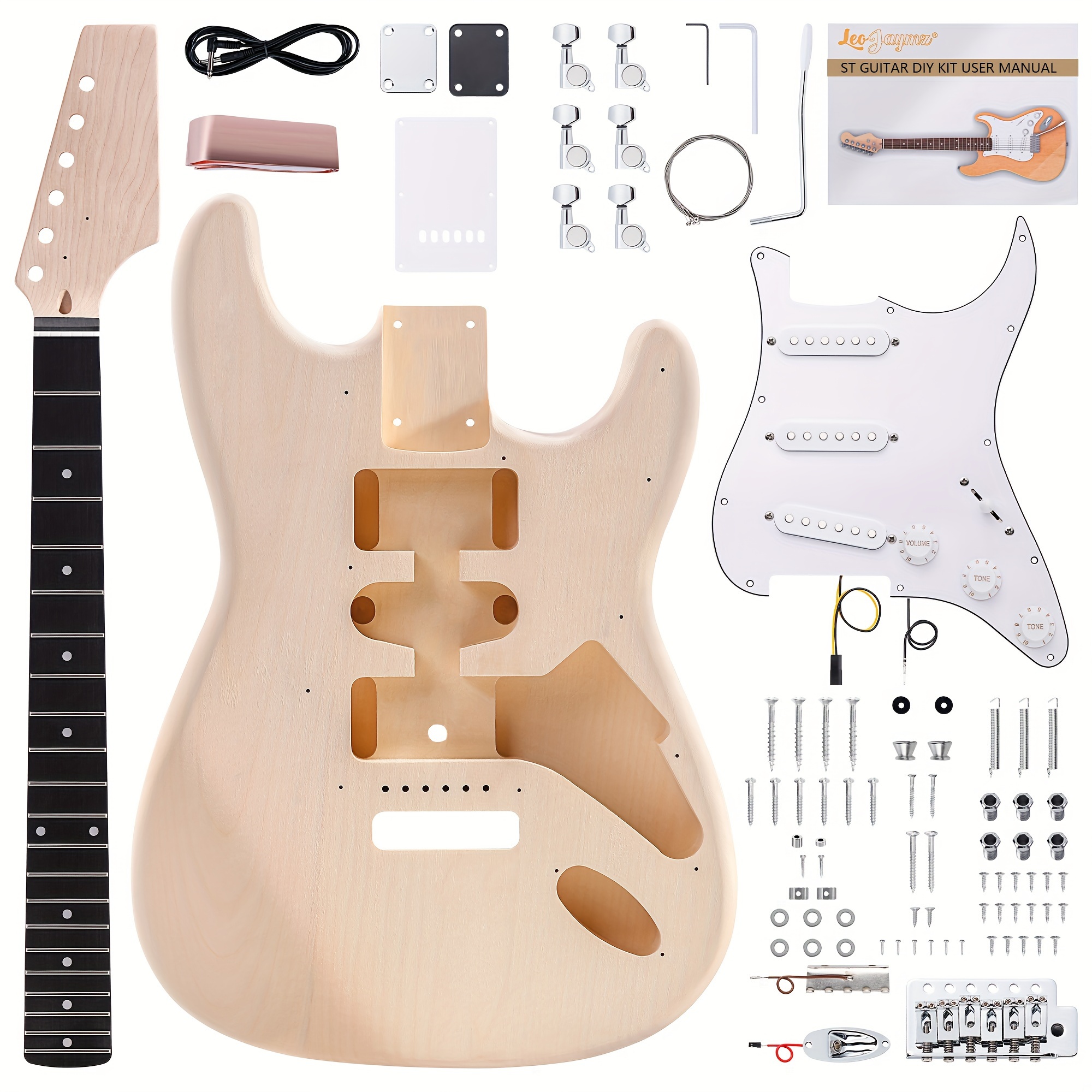 Leo Jaymz 1pc DIY Electric Guitar Kit - S-S-S Pickup Configuration, Ebony Fretboard, Maple Neck, Mahogany Body - Single Tremolo Bridge, 22 Frets, Fully Enclosed Tuning Pegs, Room Electrical Wiring