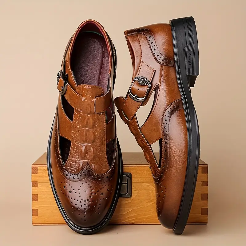 mens stylish perforated wingtip sandals casual slip on loafers with straps brown breathable design for casual attire versatile loafers fashionable sandals polished Product details 8