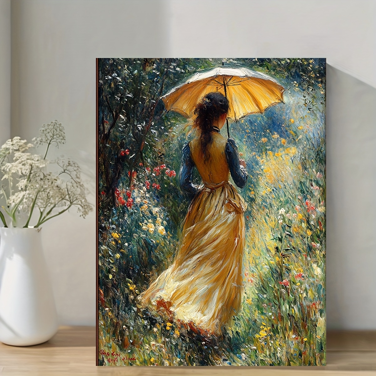 TEMU 2d Flat, Auguste "woman With Parasol In A Garden" Framed Canvas Wall Art - Vintage Painting Suitable For Home Decor, / Use, Wrap-around Wood