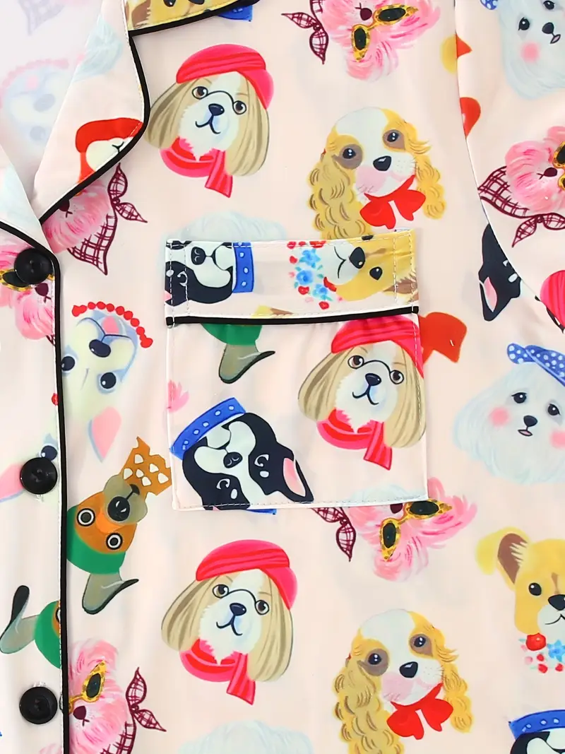 womens pajama set three pieces cute cartoon animal cute puppy casual collar top with drawstring waist shorts and trousers summer wear button pocket details comfortable knit fabric adult Product details 4