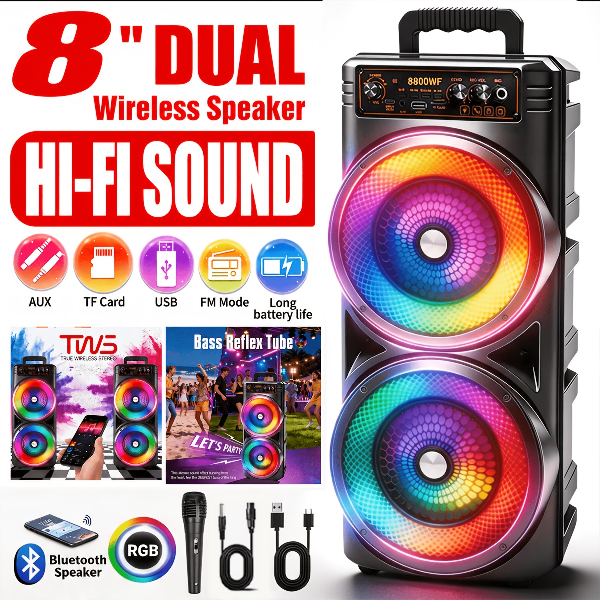 TEMU Professional Large Bluetooth Speaker With Microphone, Portable Design With Subwoofer Party Box For , With Led Light, Compatible With