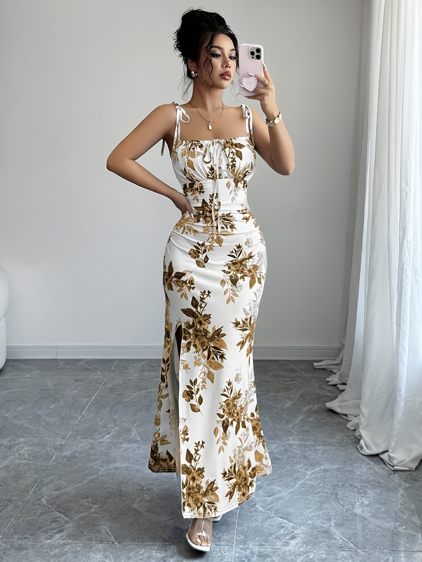 Ladies' Elegant Printed Spaghetti Strap Ruffled Shoulder Tie Bow Hip Slit Dress for Dates, Parties, Gatherings, Beach Vacations