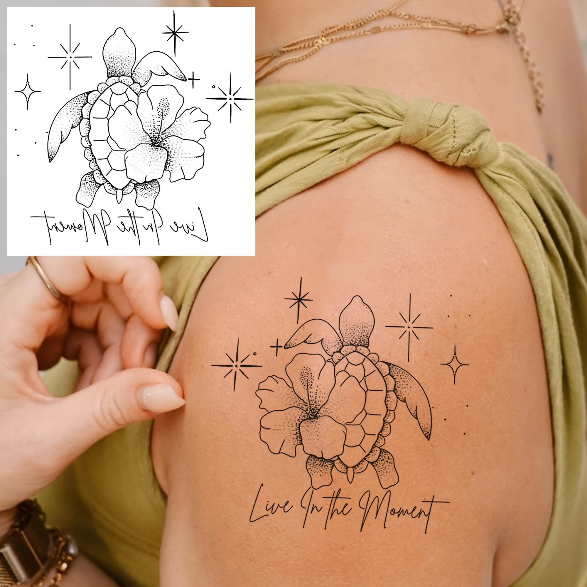 A Temporary Tattoo Sticker Featuring An Inspirational Quote With A Turtle And , Suitable For Men And Women. To Areas Such As , Neck, Waist, Shoulders, Ankles