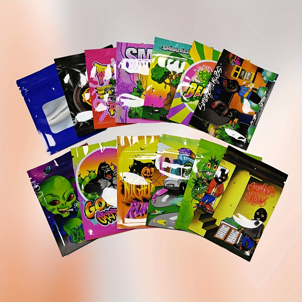 100pcs/pack Reasealable Exotic Mylar Bag Cartoon Anime Candy Package Smell Proof Storage Packaging Bags Heat Seal Glossy Foil Small Pouches Baggies With Clear Window