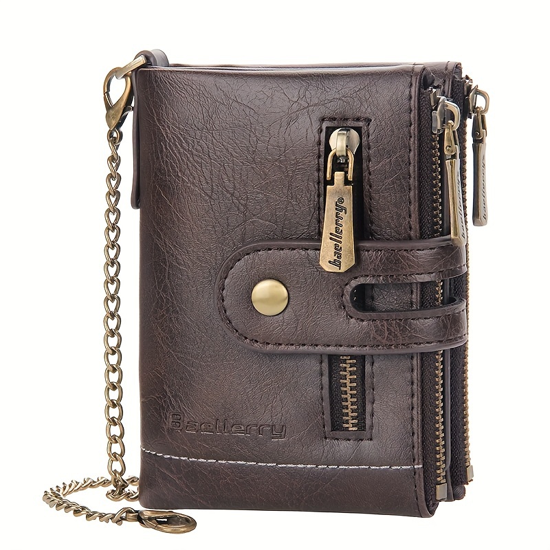 Image of Men's Wallet With Id Windows, Multi-card Slot Wallet With Zipper Coin Pocket, Anti-theft Chain Wallet