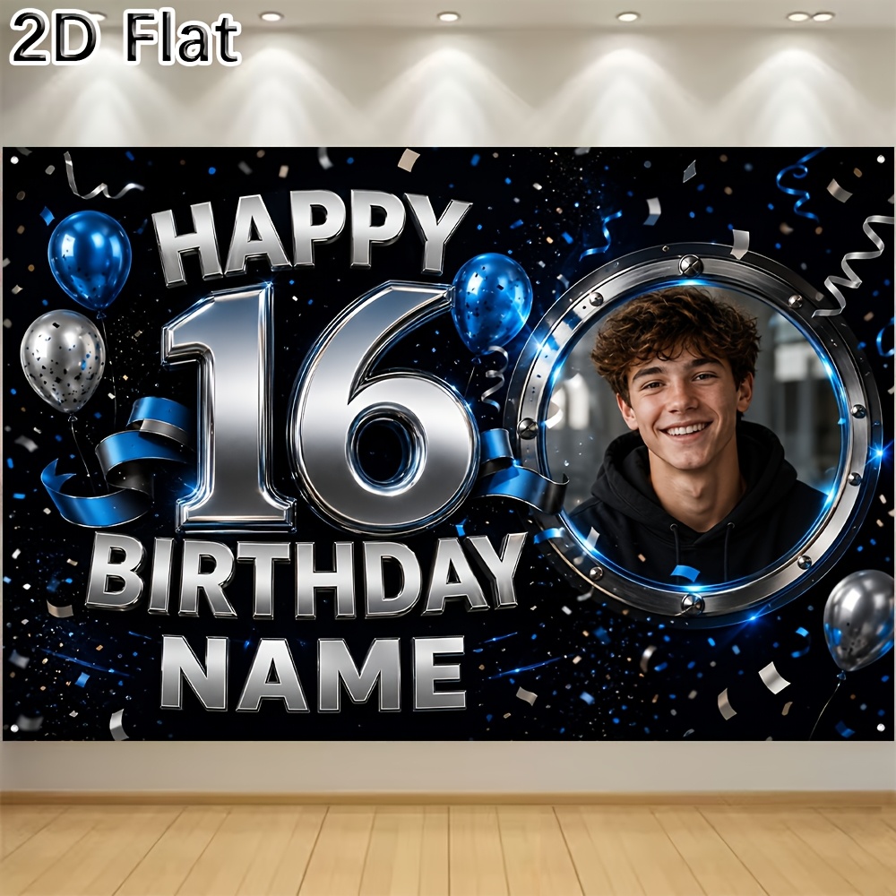 TEMU 2d Flat - 1pc [2d Flat] Customizable Happy 16th Birthday Backdrop With Photo Frame, Blue Silver Balloons Confetti For Teen Boy Party Decorations