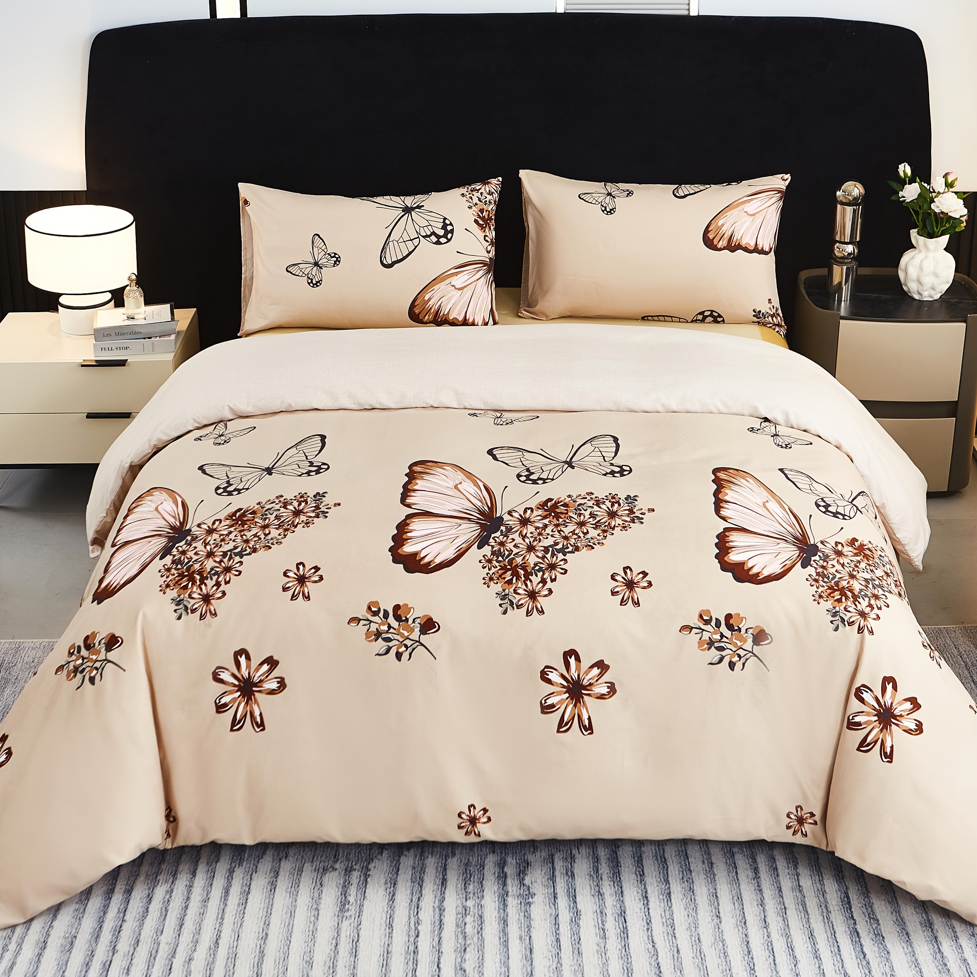 Temu 3-Delars UtsöKt FjäRilsblommigt Tryck SäNgset (1 PåSlakan + 2 ÖRngott), HöGkvalitativ TväTtad Fleecehantverk, & Andningsbar, Ljusbeige-VäNlig,-image